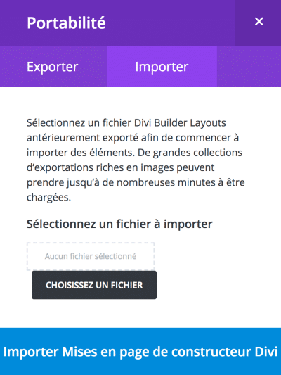 bibliotheque importer modele Divi