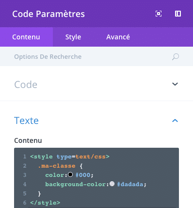 Ajouter des styles CSS dans un module code de Divi