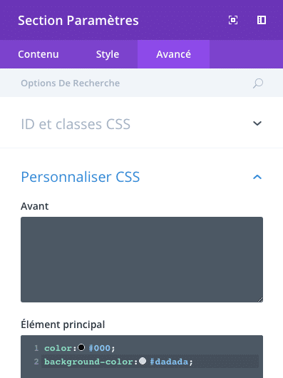 Ajouter des styles CSS dans les paramètres de sections, lignes et modules de Divi