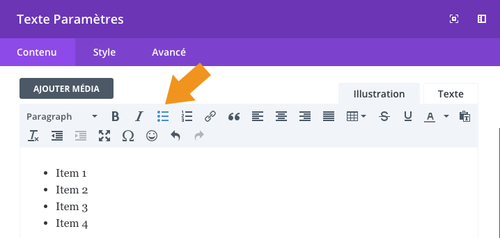 Insérer une liste dans un module "Texte" dans Divi