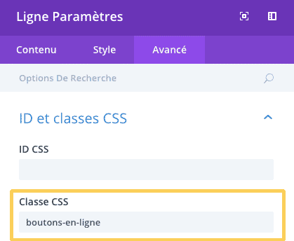 Ajouter une classe CSS dans les paramètres d'une ligne pour aligner horizontalement des boutons dans le Divi Builder