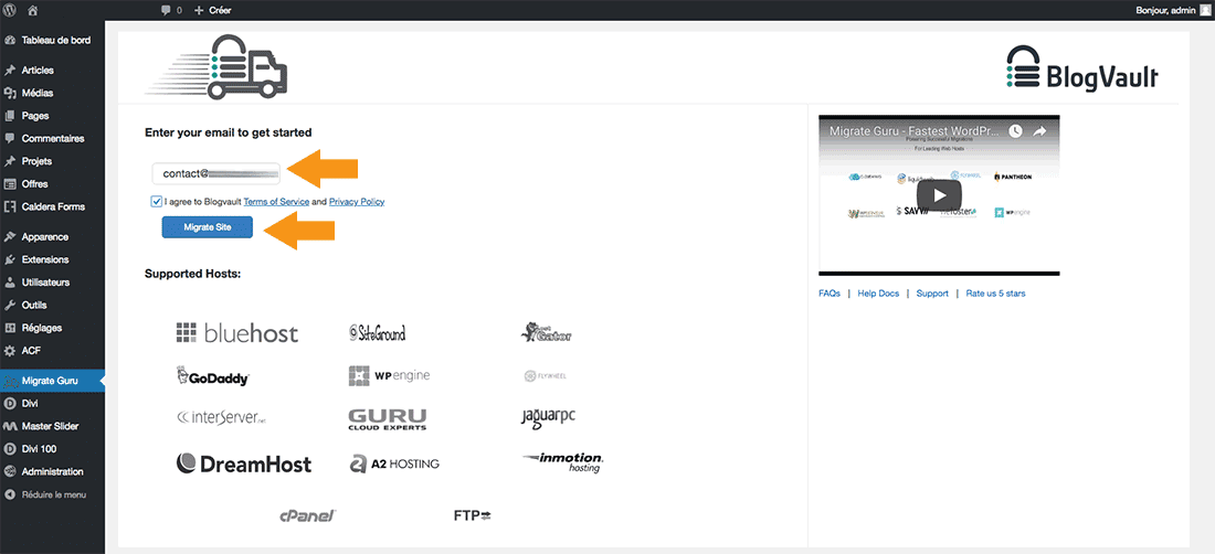 Saisissez votre email dans Migrate Guru