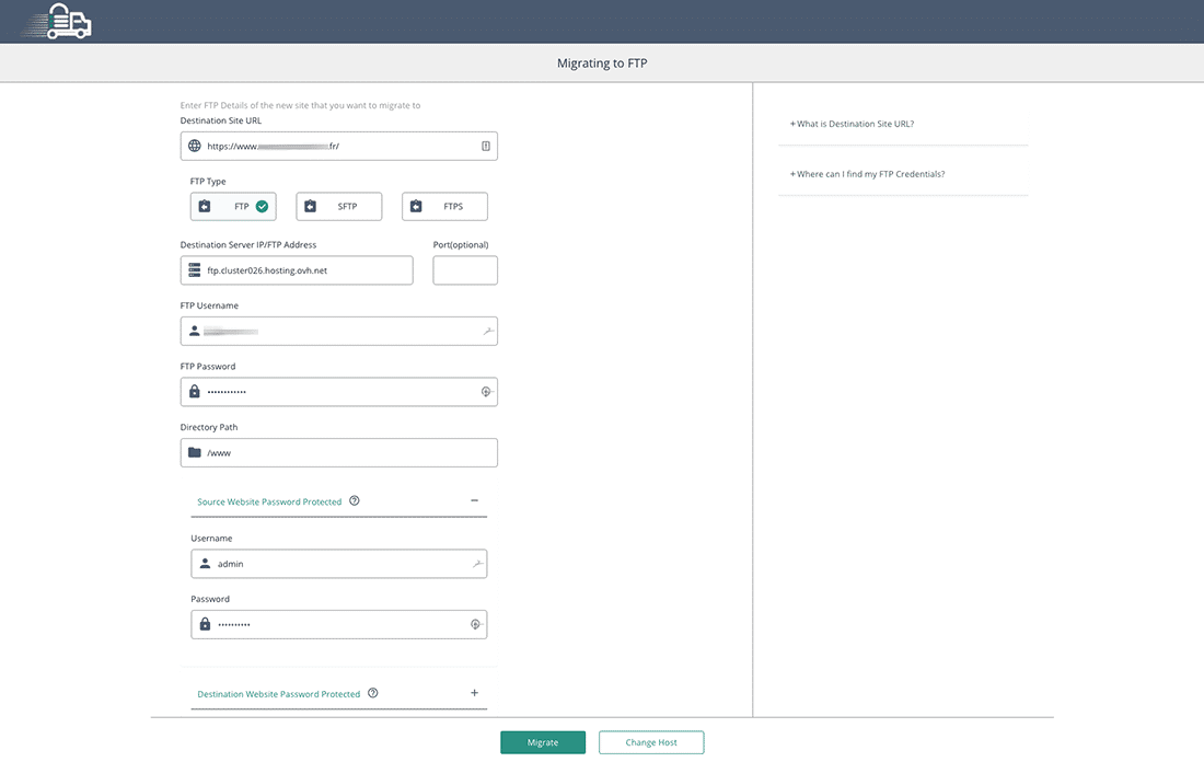 Saisie des réglages FTP dans Migrate Guru