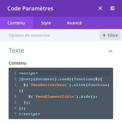 Ajouter du code jQuery dans le module code de Divi