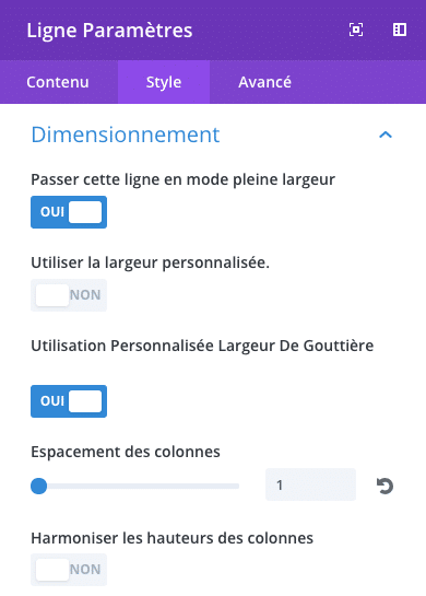 Paramétrer les options de largeur d'une ligne dans Divi