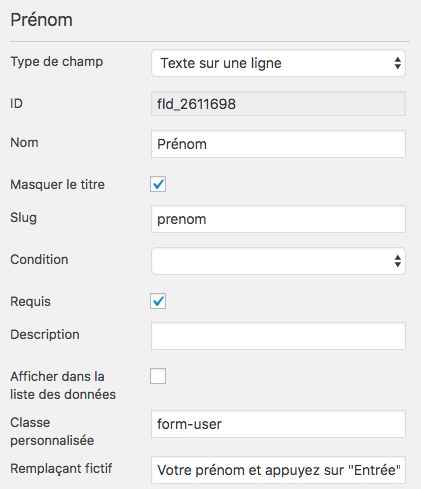 Configuration du champ prénom du formulaire de type chatbot