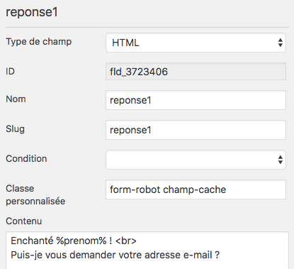 Configuration du champ HTML du formulaire de type chatbot avec magic tag