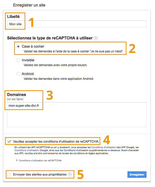 Divi Community - Enregistrer un site pour Google Recaptcha