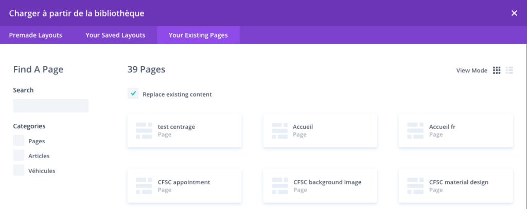 Importer des modèles de pages existantes dans le Divi Builder.