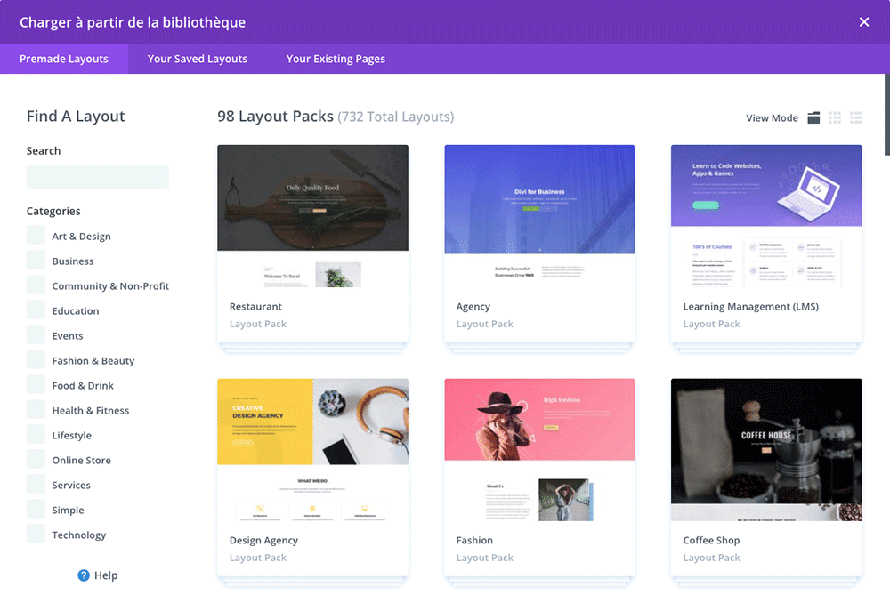 La bibliothèque de layouts Divi conçus par les webdesigners d'Elegant Themes