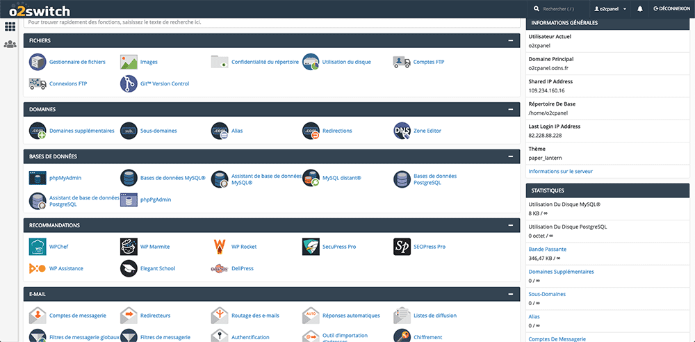 Le tableau de bord d'o2switch (cpanel)