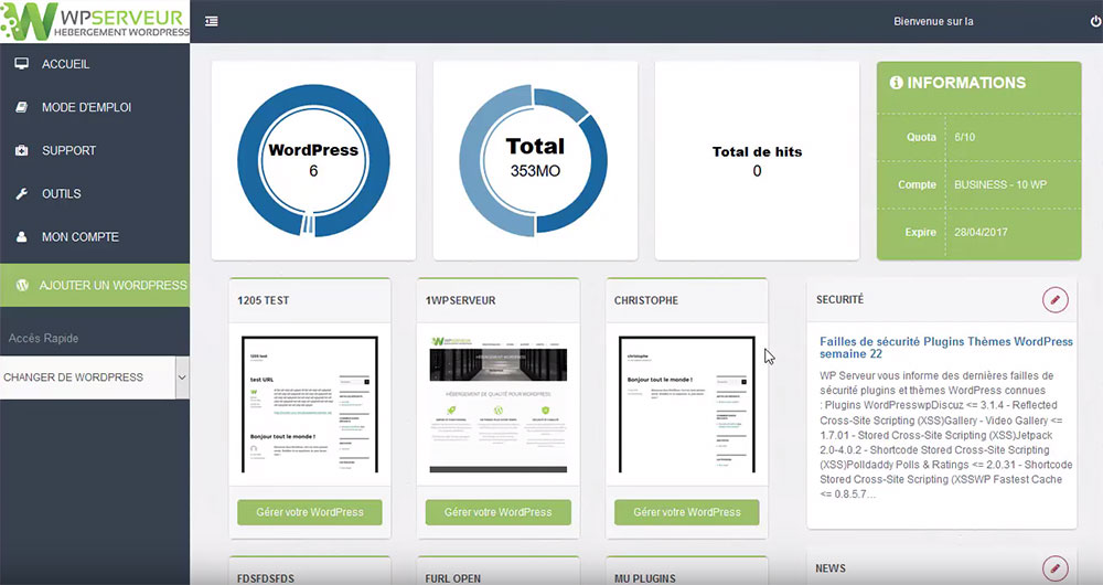 Le tableau de bord de WPServeur