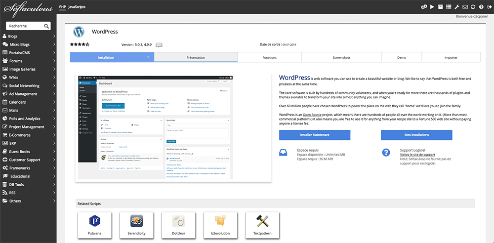 Le cPanel d'o2switch propose Softaculous