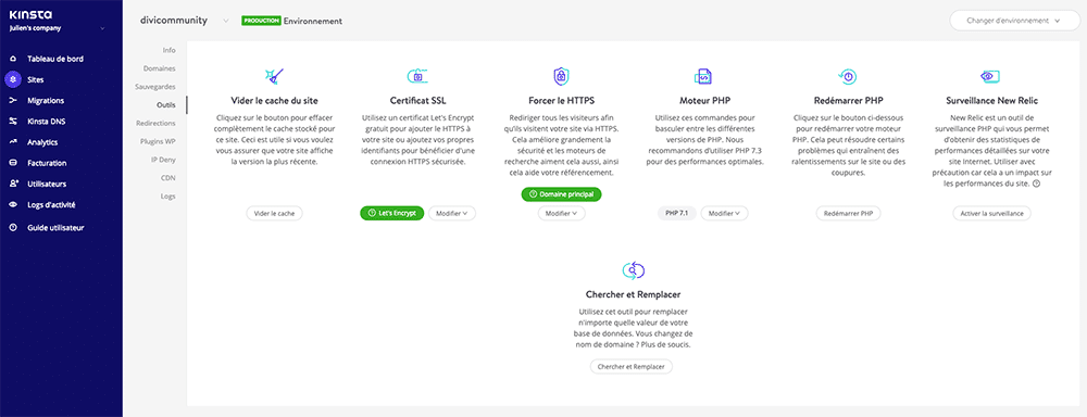 Les outils du tableau de bord de Kinsta