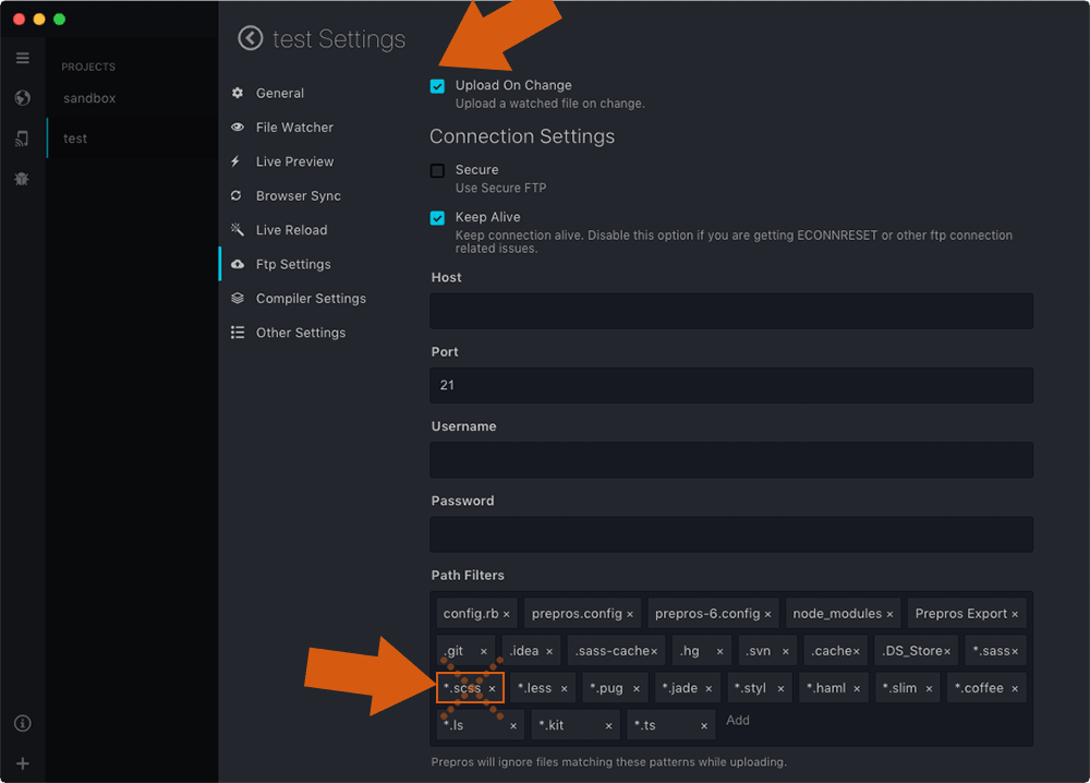 Configurer le serveur FTP pour un projet Sass dans Prepros