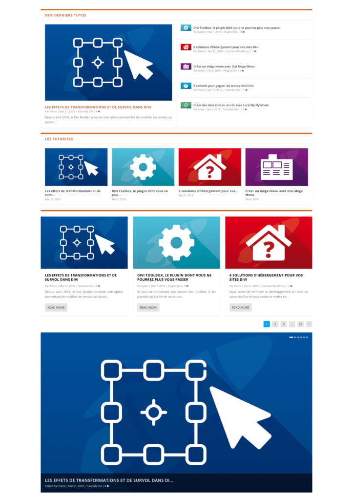 Exemple de présentation d'articles avec le plugin Divi Extra