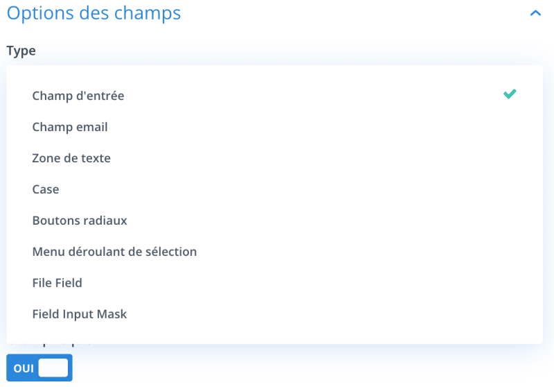 Les types de champs apportés par Divi Contact Extended