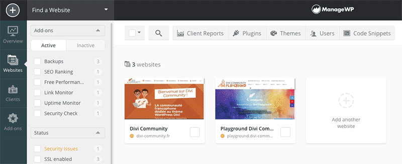 Administrez et sauvegardez vos site Divi avec ManageWP