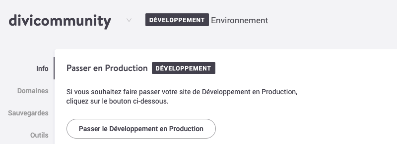 Un clic suffit pour passer son site Divi de la version en développement à la version en production chez Kinsta