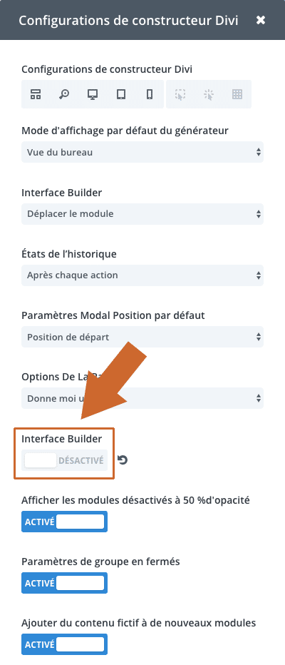 Fenêtre modale des paramètres du Divi Visual Builder