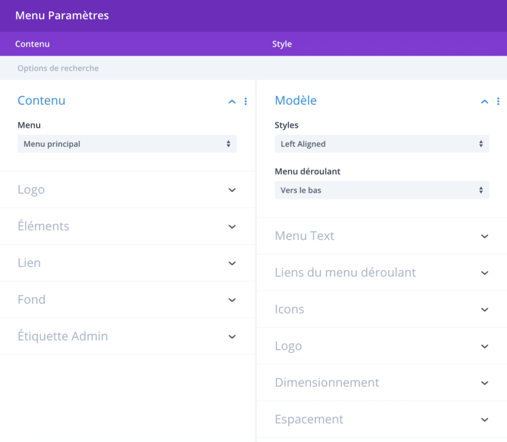 Les paramètres du nouveau module "menu" de Divi 4