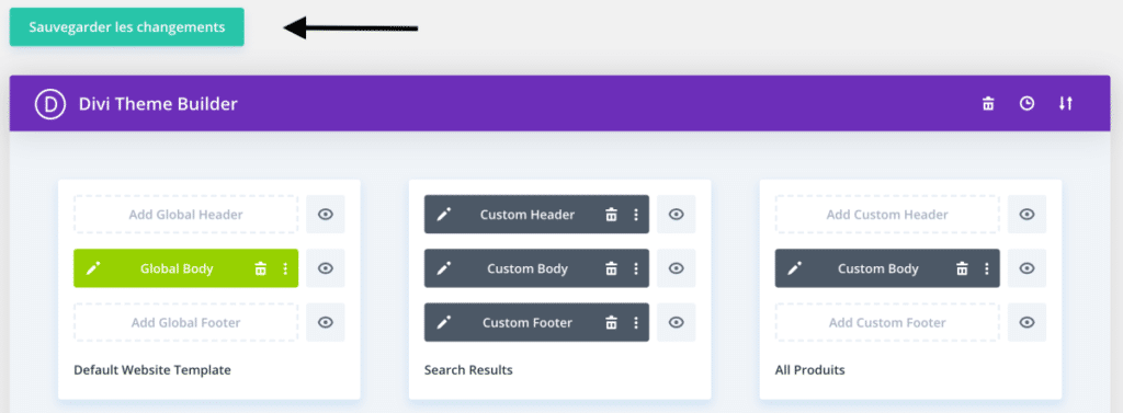 Pensez à enregistrer vos modifications effectuées dans le Theme Builder de Divi 4