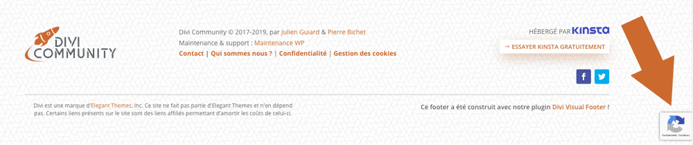 Le badge Google reCaptcha v3 dans le footer de Divi Community