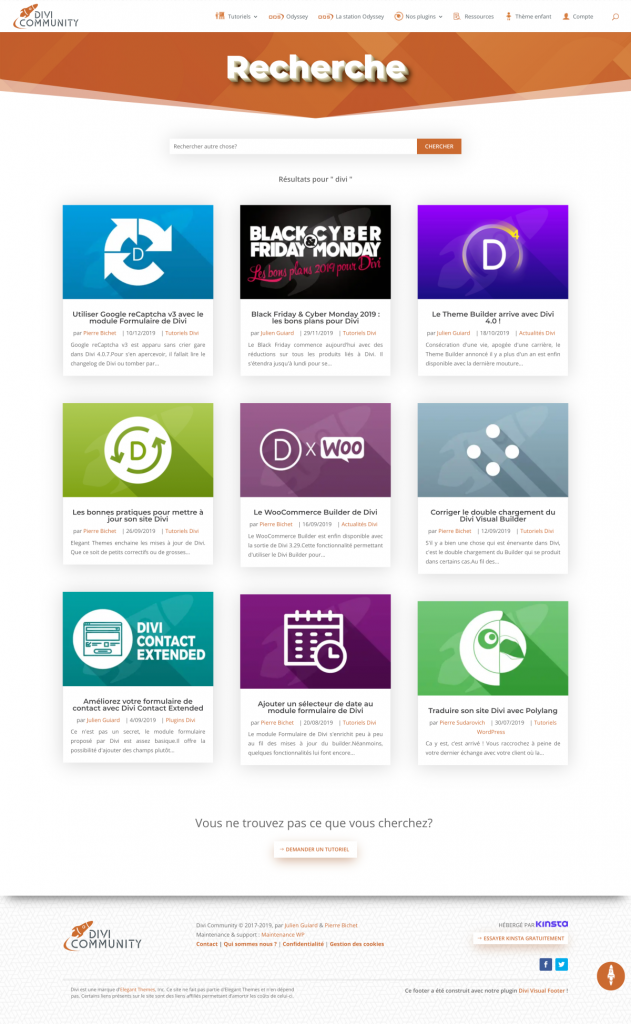 La nouvelle page de résulats de recherche de Divi Community