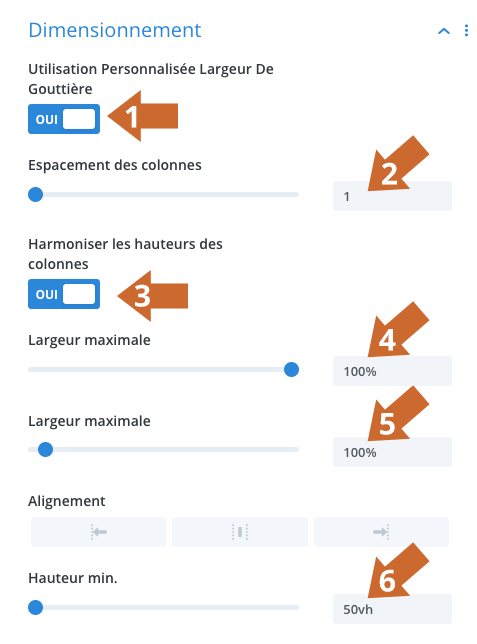 Paramétrages de dimensionnement d'une ligne dans Divi