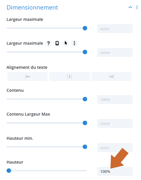 Paramétrages du dimensionnement d'un module diapo dans Divi