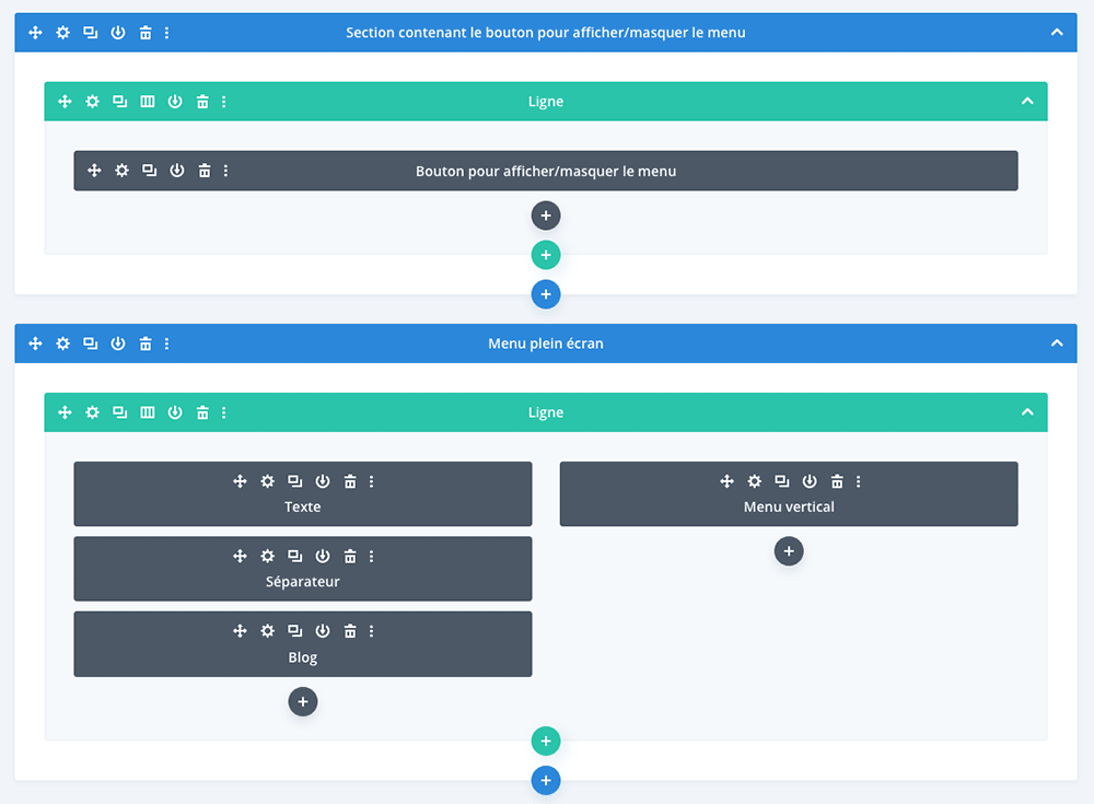 La structure pour faire un menu plein écran avec le Theme Builder de Divi