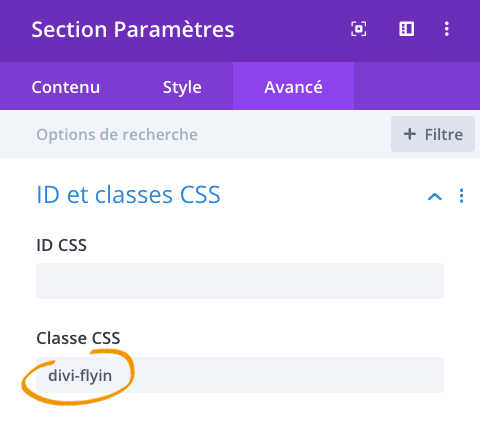 Ajouter la classe mère de Divi Fly-In à une section du Divi Builder pour créer un fly-in