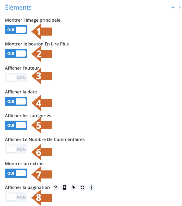 Personnaliser la rubrique "éléments" du module "blog" de Divi