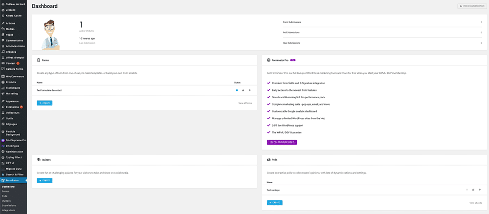 Le dashboard de Forminator