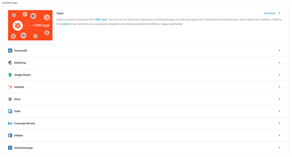 Les intégrations de services tiers dans Forminator