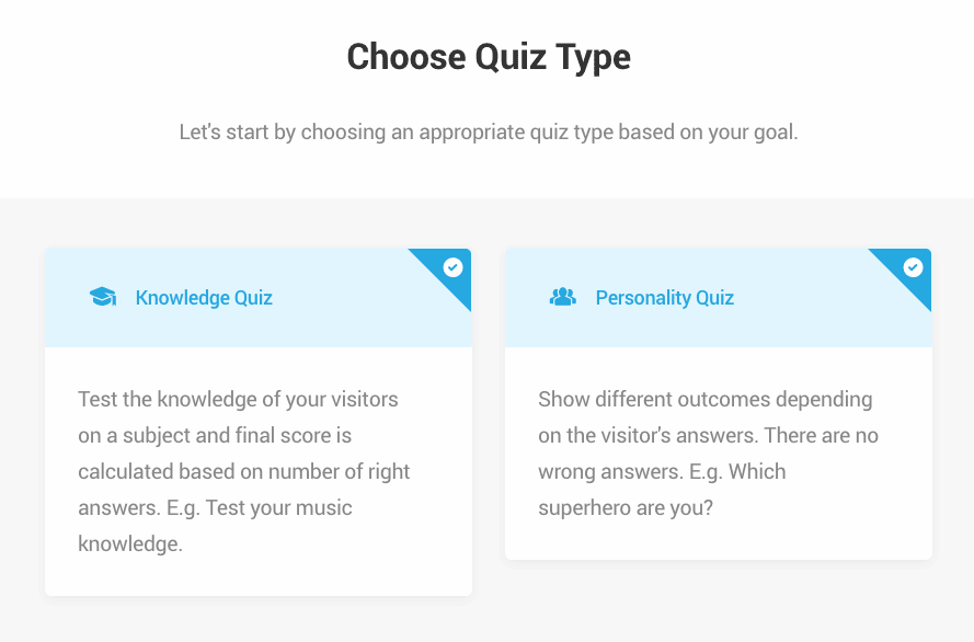 Les types de quiz proposés par Forminator