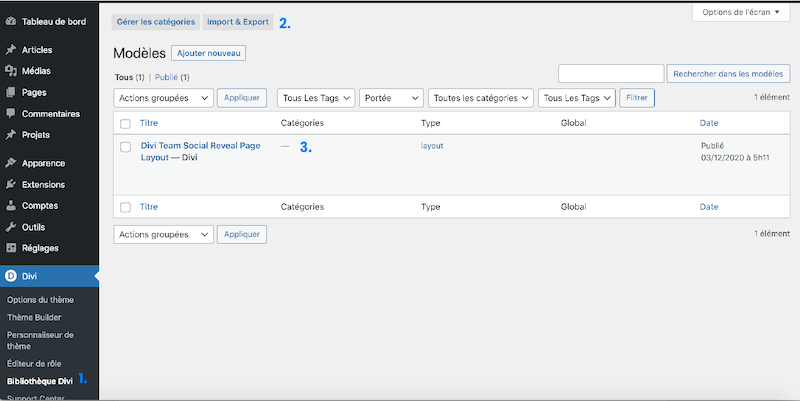 Importer les modules dans la bibliothèque Divi