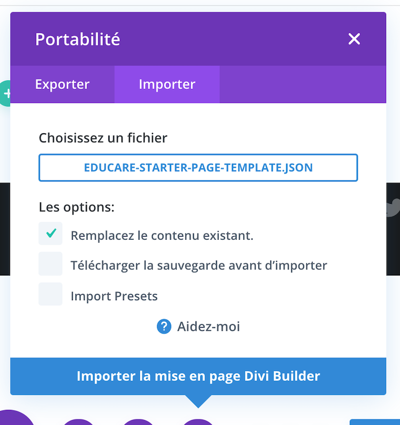 importer educare dans WordPress divi essential