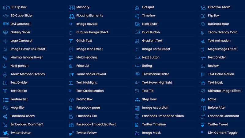 liste des modules sur divi essential